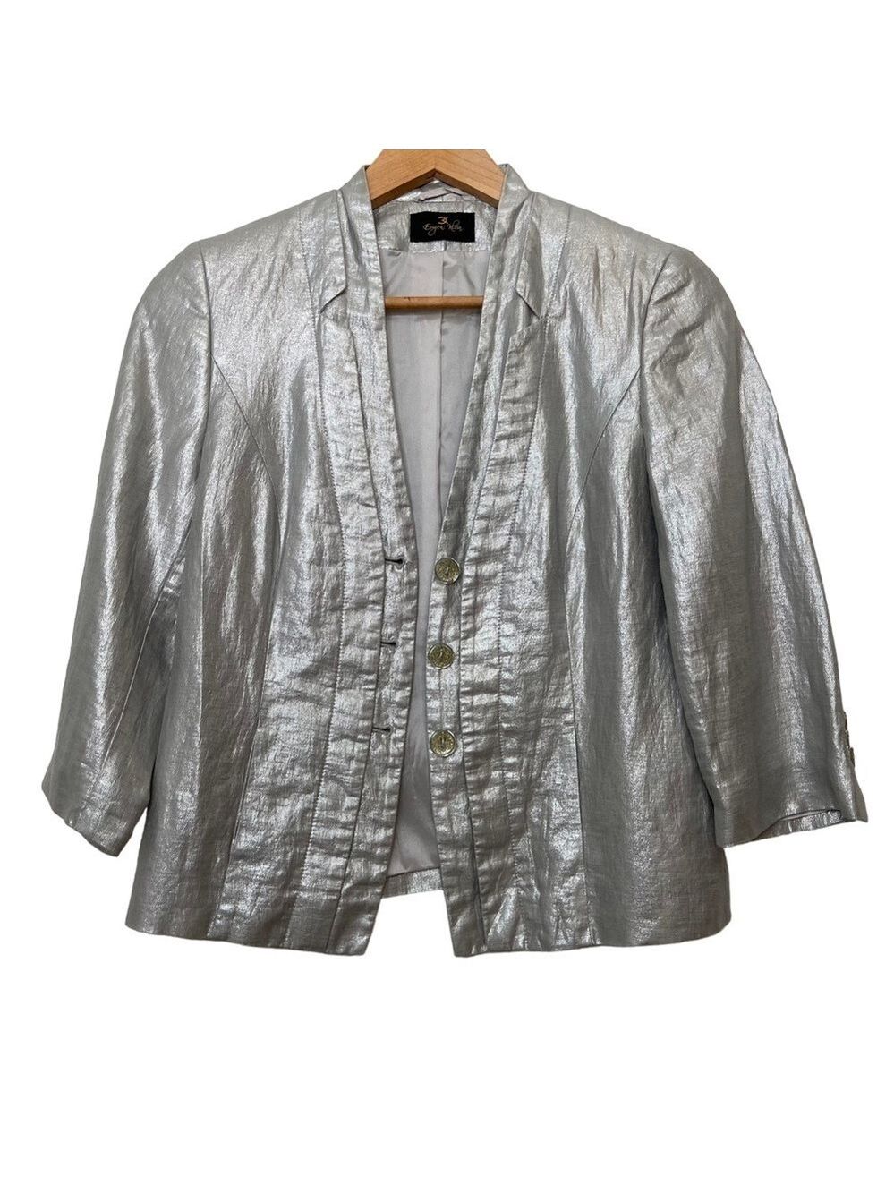 Eugen Klein Designer blazer metallic silver  3/4 sleeve sparkle buttons size 8